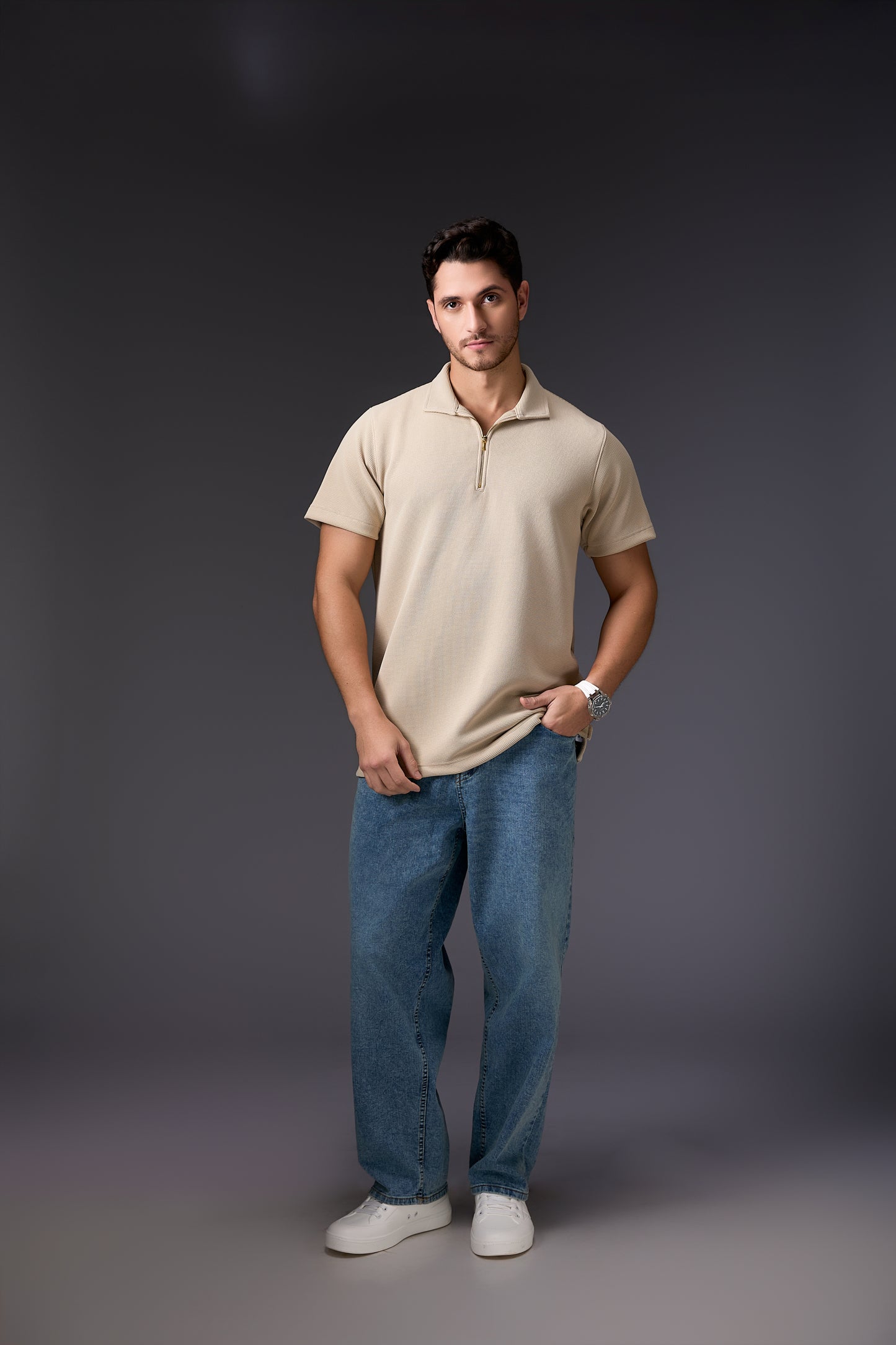 Refined Textured Walnut Cream Textured Polo T-Shirt