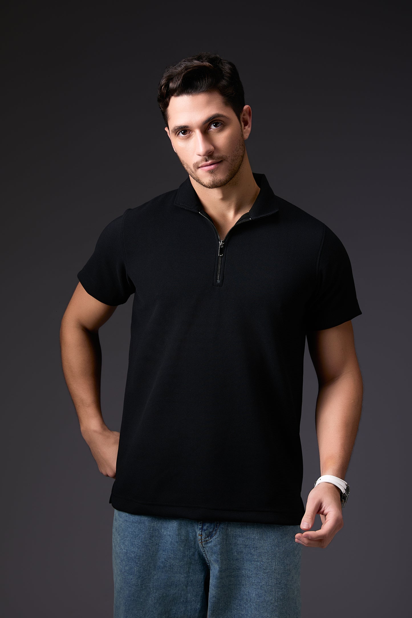 Sleek Midnight Black Textured Polo T-Shirt