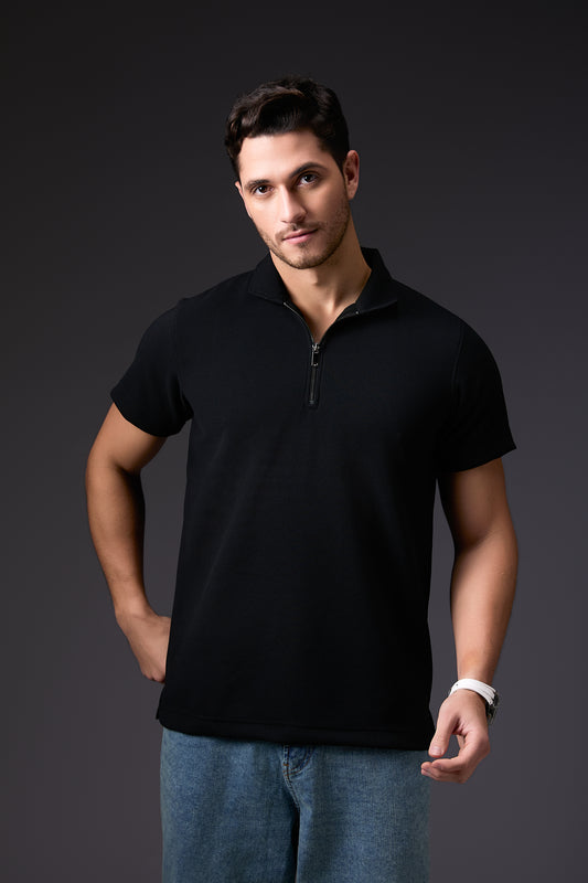 Sleek Midnight Black Textured Polo T-Shirt