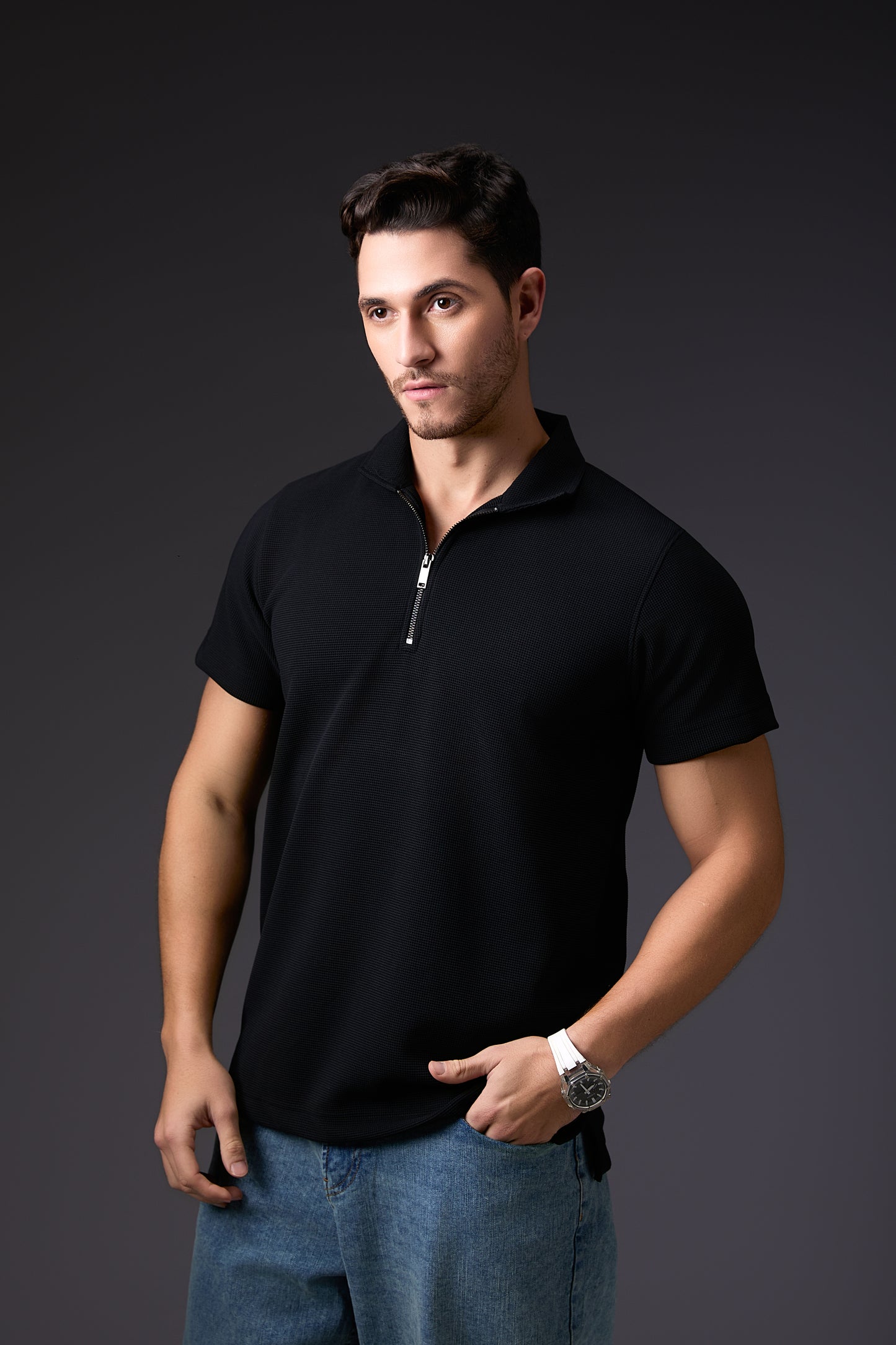 Sleek Midnight Black Textured Polo T-Shirt