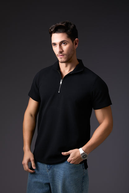 Sleek Midnight Black Textured Polo T-Shirt