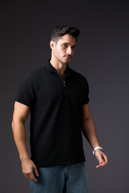 Sleek Midnight Black Textured Polo T-Shirt