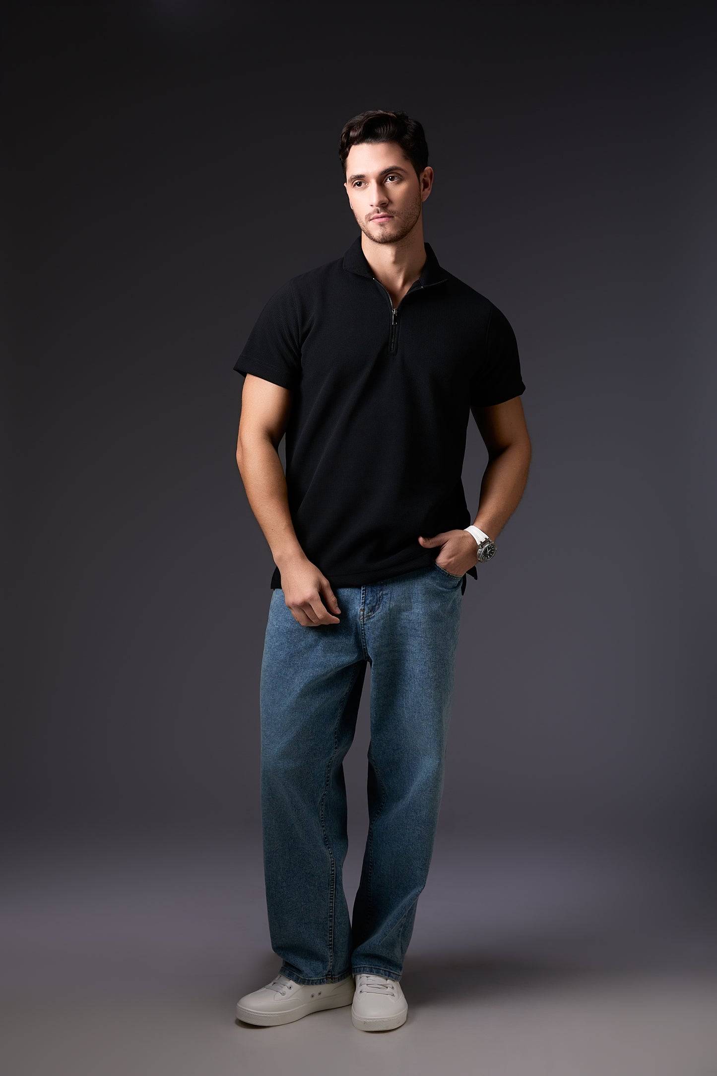 Sleek Midnight Black Textured Polo T-Shirt