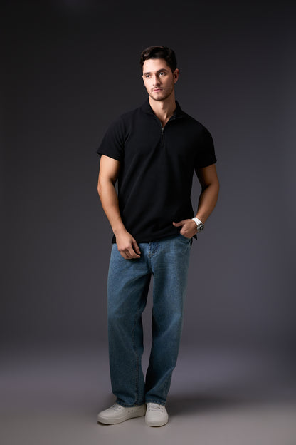 Sleek Midnight Black Textured Polo T-Shirt