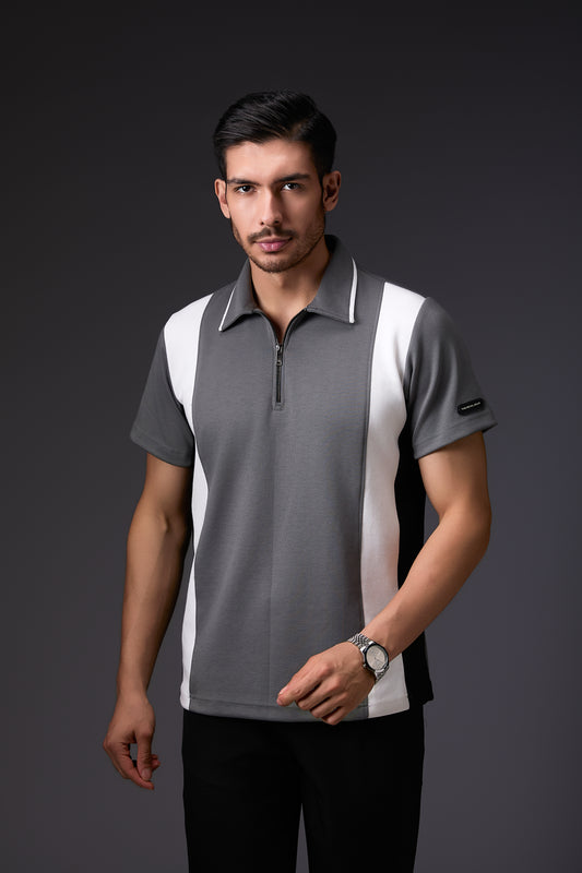 Tailored Panelled White & Grey Polo