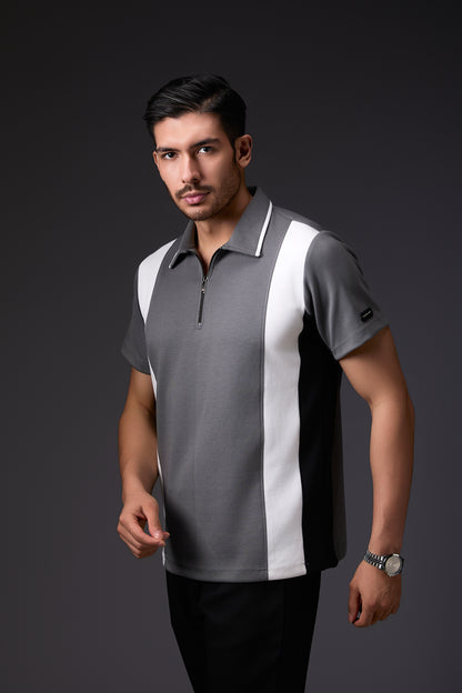 Tailored Panelled White & Grey Polo
