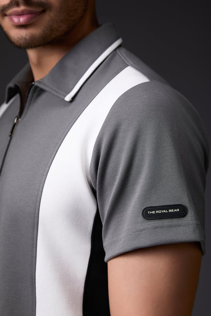 Tailored Panelled White & Grey Polo