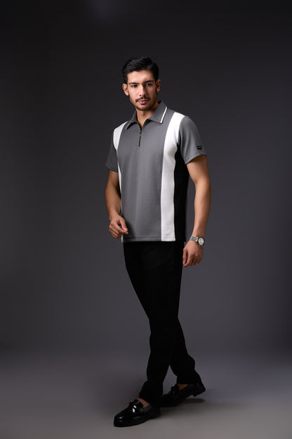 Tailored Panelled White & Grey Polo