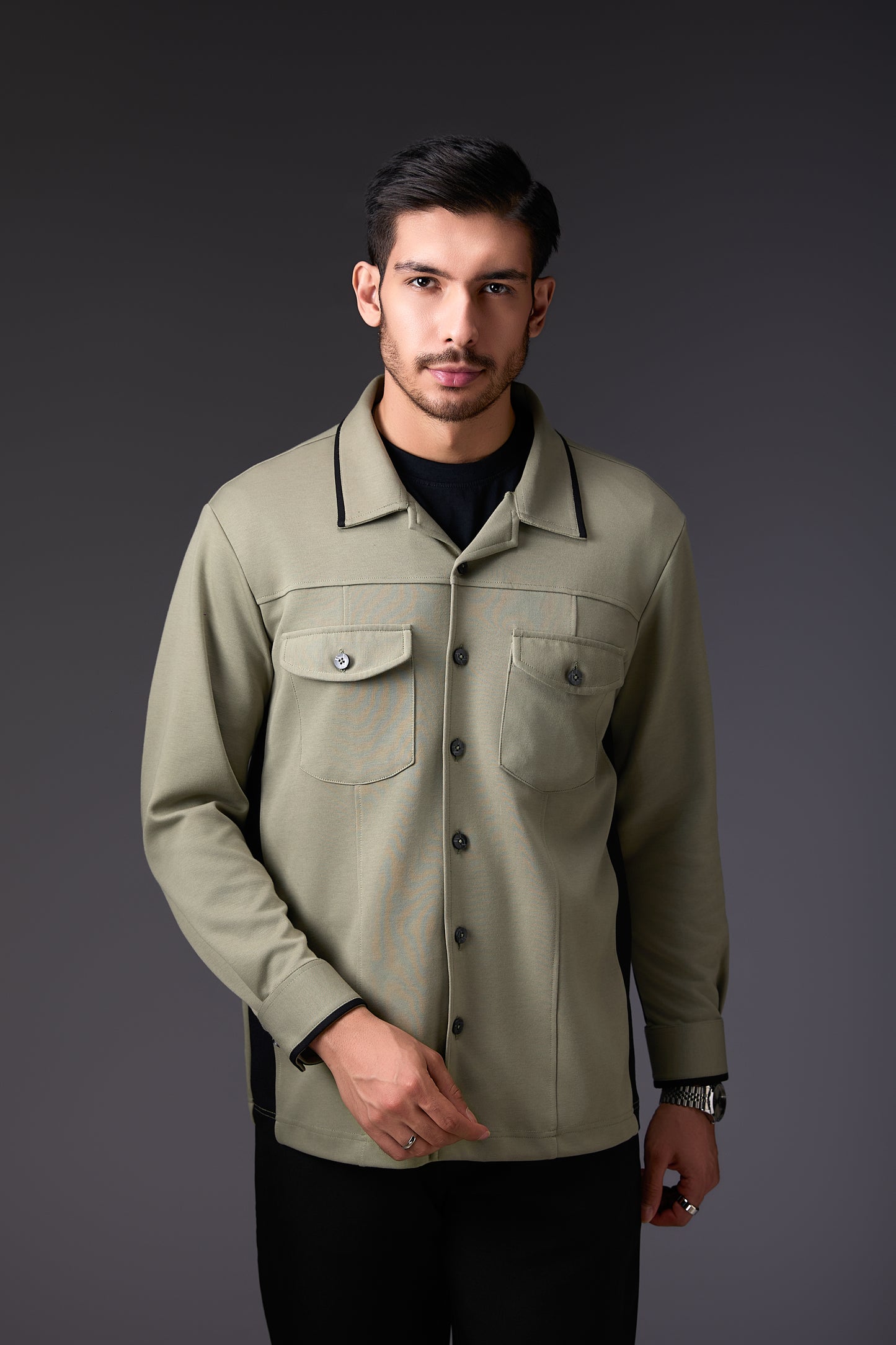 Light Olive Green Shacket with Black Accents