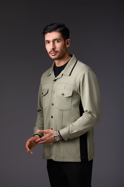 Light Olive Green Shacket with Black Accents