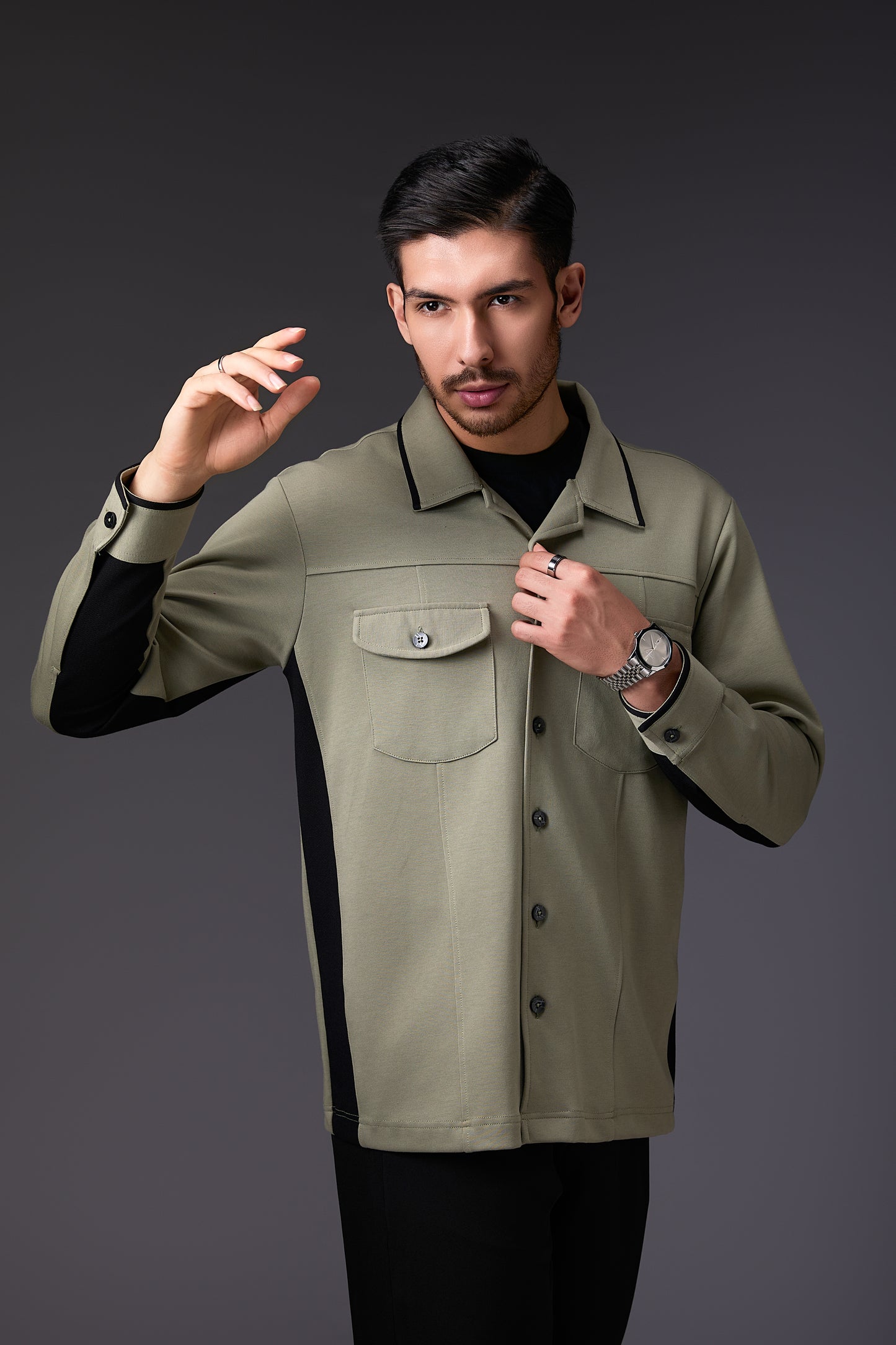 Light Olive Green Shacket with Black Accents