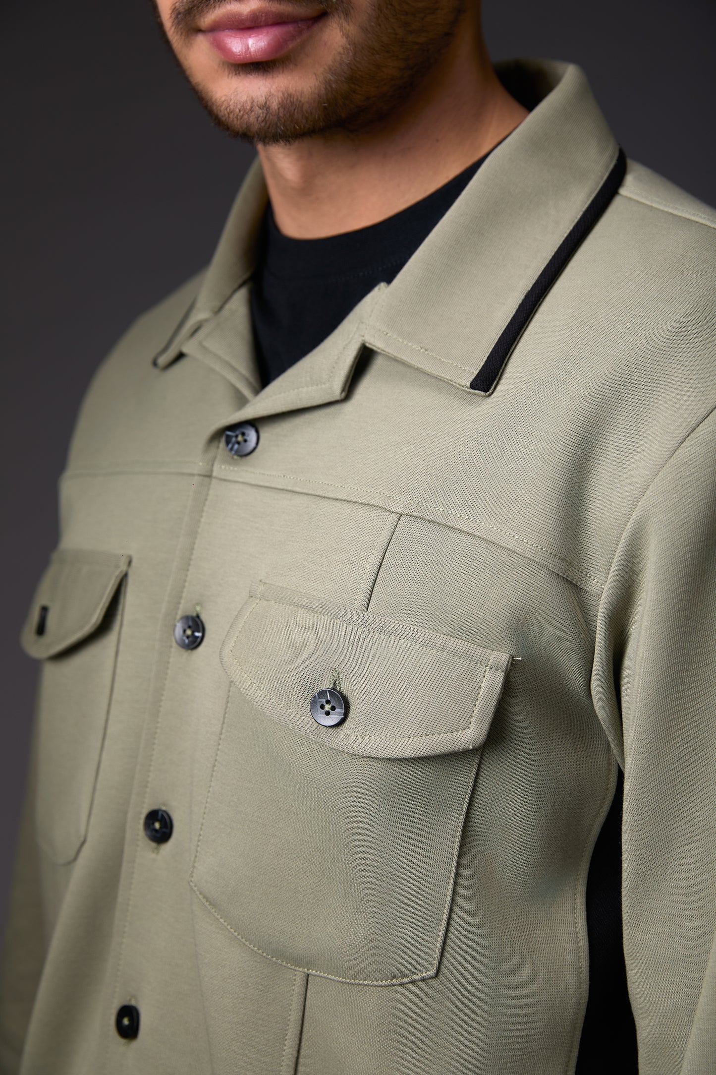 Light Olive Green Shacket with Black Accents