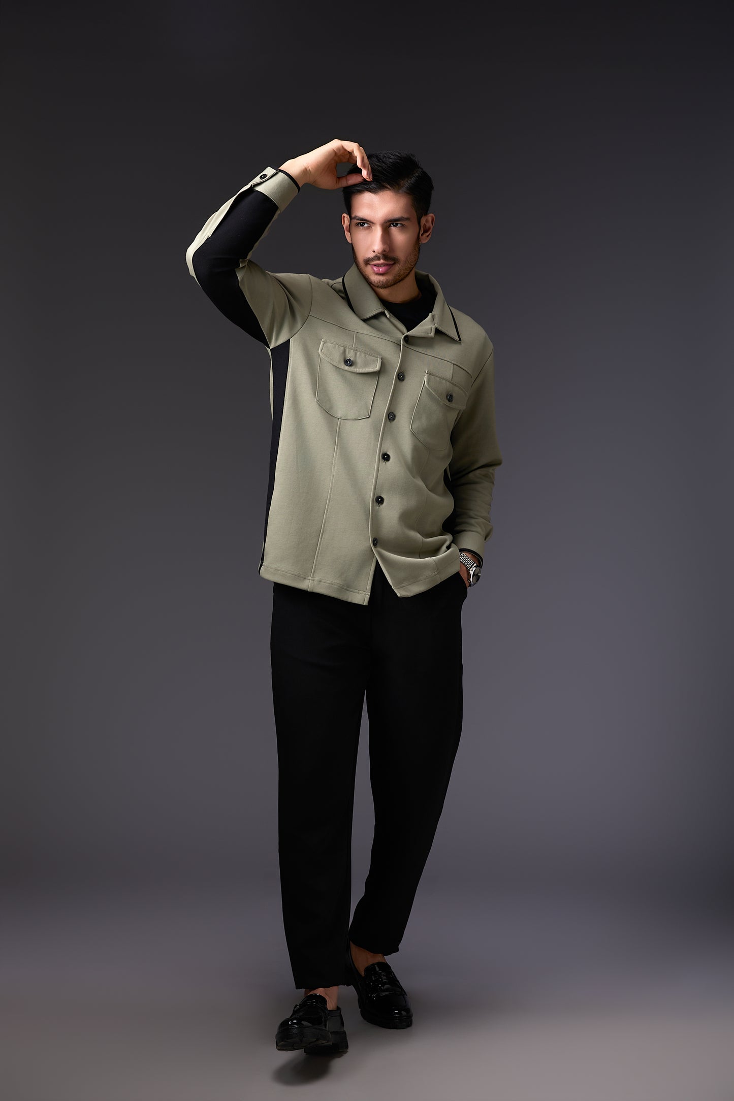 Light Olive Green Shacket with Black Accents