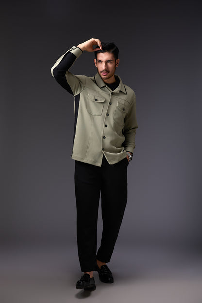 Light Olive Green Shacket with Black Accents