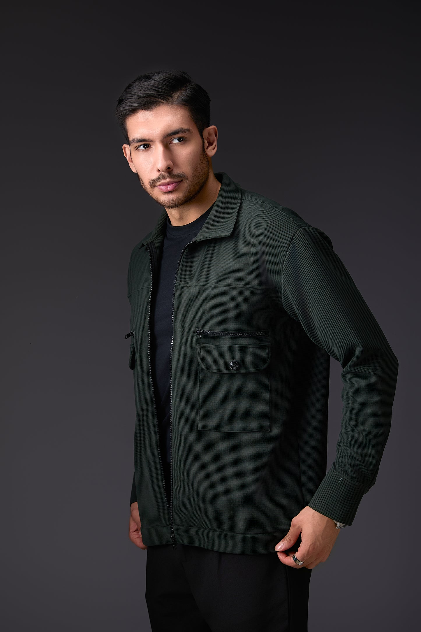 Deep Military Green Textured Shacket