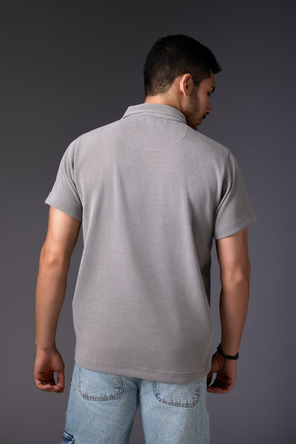 Silver Grey Corduroy-Finish Polo T-Shirt