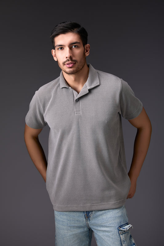 Silver Grey Corduroy-Finish Polo T-Shirt