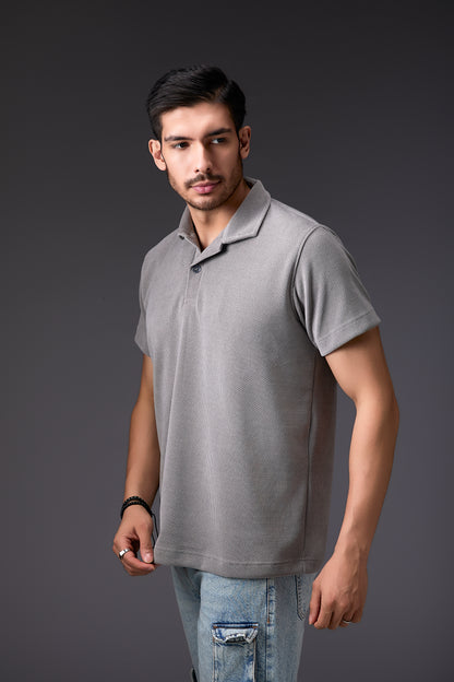 Silver Grey Corduroy-Finish Polo T-Shirt