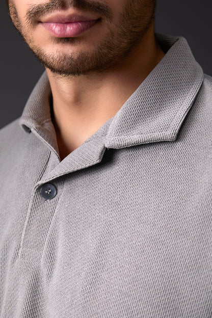 Silver Grey Corduroy-Finish Polo T-Shirt