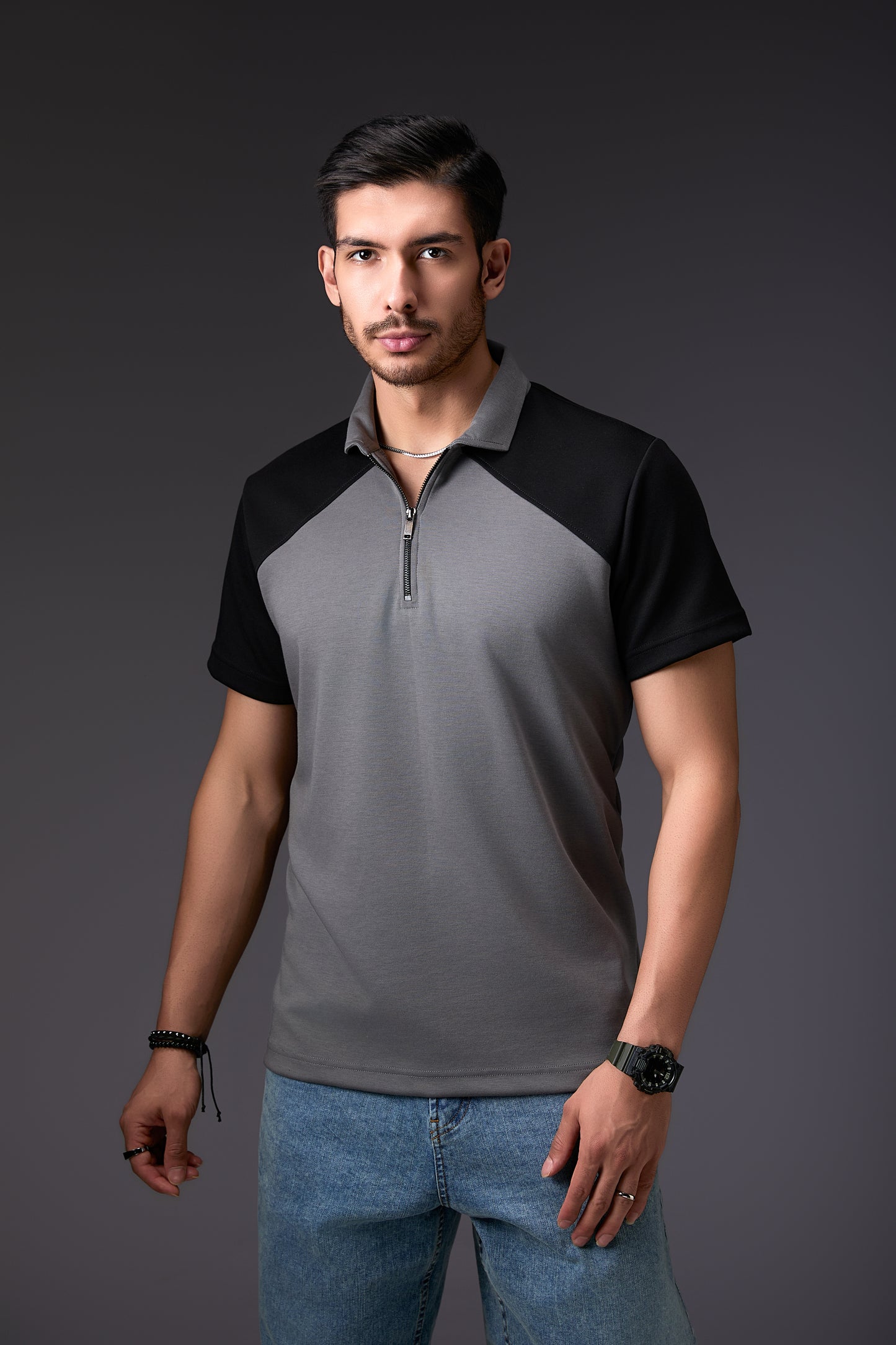Tailored Panelled Black & Grey Polo