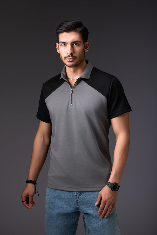 Tailored Panelled Black & Grey Polo