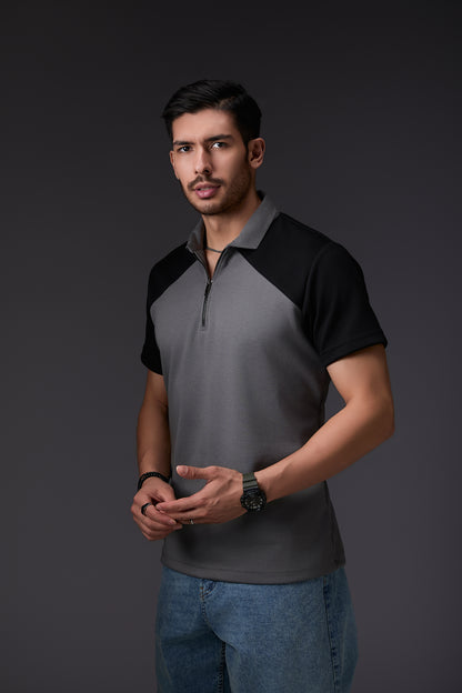 Tailored Panelled Black & Grey Polo